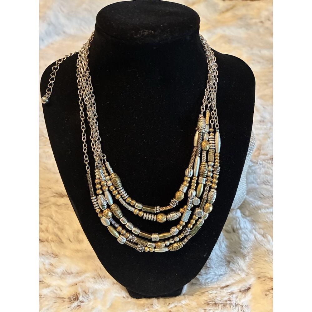 Chicos Gold Silver Beaded Multi Strand Necklace